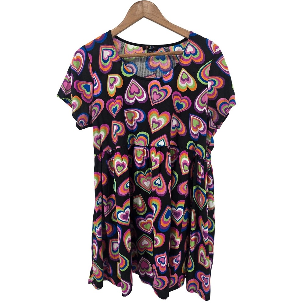 dELiAs Babydoll Dress Womens XL Black Heart Print 90s Retro Empire Waist Mini